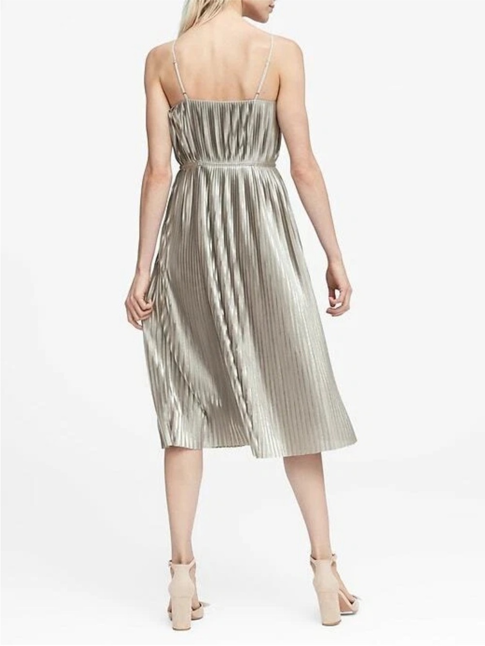 Banana Republic dress Metallic Pleated High Neck Strap Fit & Flare holiday sz 14 - Picture 2 of 12
